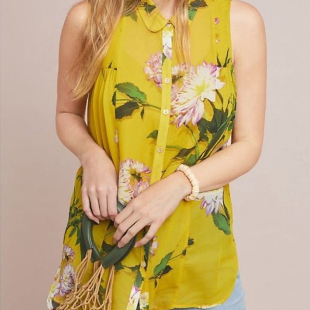 Maeve by Anthropologie Yellow Sleeveless Blouse with Peter Pan Collar